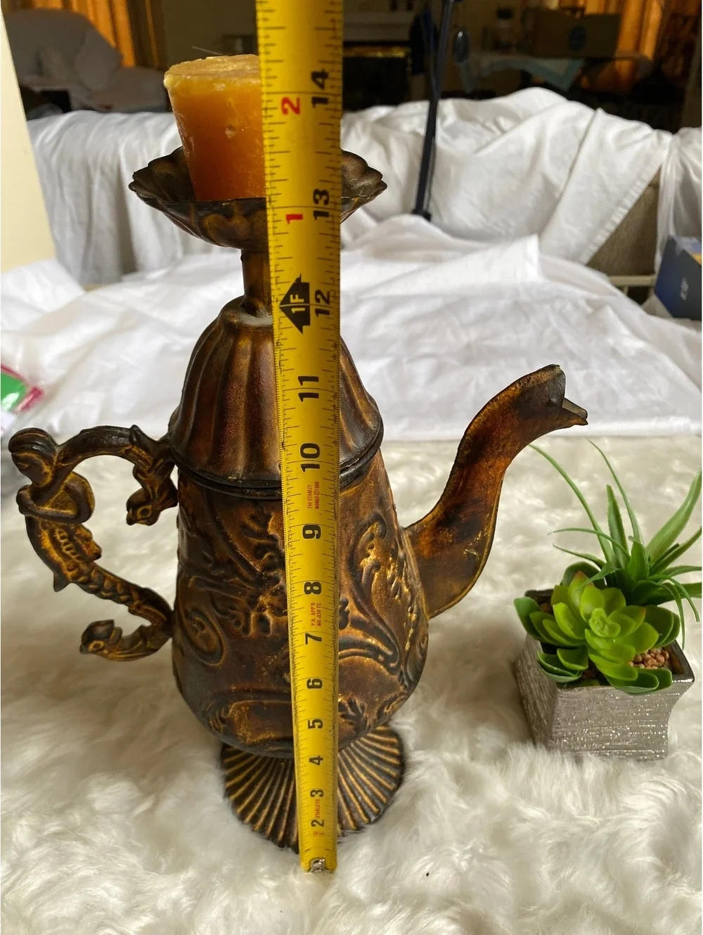 Vintage Ornate Metal Teapot Candle Holder Decorative Handle